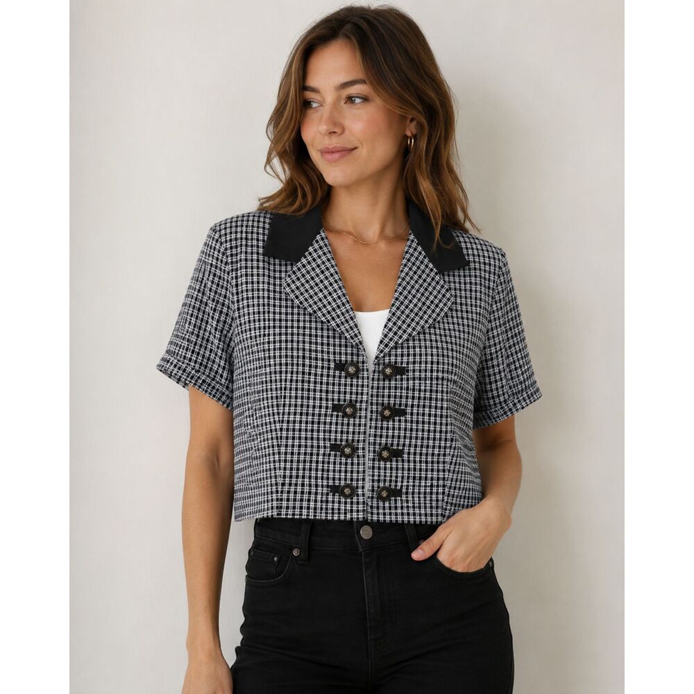 VTG Scarlett NWT Cropped Jacket Top Black White Check Button Front Size 13/14